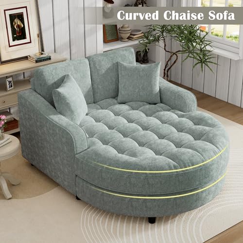 55" Modern 2-Seater Chaise Lounge Sofa Bed - Chenille Upholstered Loveseat Couch with Tufted Seat & Detachable Pillows, Space-Saving Sleeper Sofa (Green) - color: Green