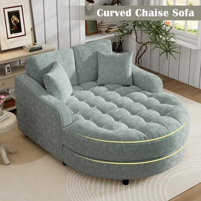 55" Modern 2-Seater Chaise Lounge Sofa Bed - Chenille Upholstered Loveseat Couch with Tufted Seat & Detachable Pillows, Space-Saving Sleeper Sofa (Green) - color: Green