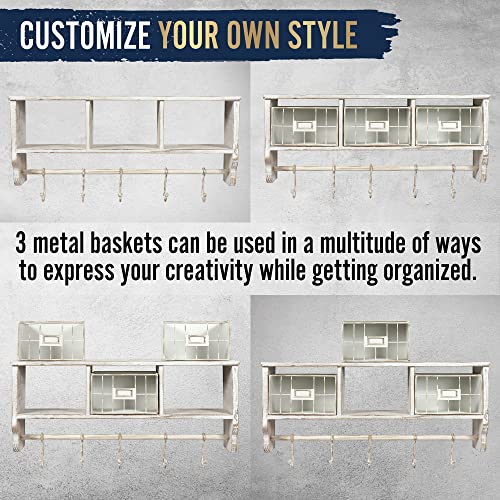 HBCY Creations Wall Mounted Shelf with Coat Hooks and Baskets, Solid Wood Entryway Organizer Wall Shelf with Hooks - Hang Coats, Keys or Coffee Mugs, Rustic Whitewashed 24" Wide - color: Whitewashed
