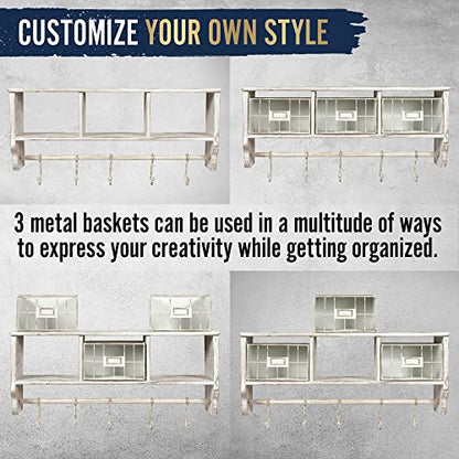 HBCY Creations Wall Mounted Shelf with Coat Hooks and Baskets, Solid Wood Entryway Organizer Wall Shelf with Hooks - Hang Coats, Keys or Coffee Mugs, Rustic Whitewashed 24" Wide - color: Whitewashed