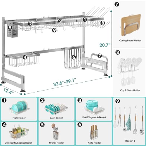2 Tier Extra Large Stainless Steel Over The Sink Dish Drying Rack | Rust Proof Metal, Expandable Kitchen Sink Drainer, Counter Space Saving, Heavy Duty, Modern Silver, Multifunctional Storage - color: Silver, size: Over Sink 2 Tier