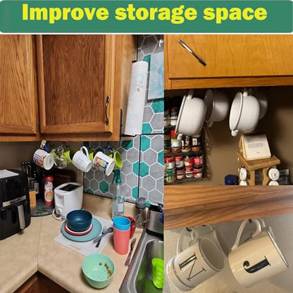AUXPhome 4pcs Self Adhesive Cup Hooks Cabinet Organizer, Mug Holder Under Cabinet, Under-Shelf Mug Organizer Mug Storage Display Hanging Cups Drying Rack for Bar Kitchen Utensils - No Drilling