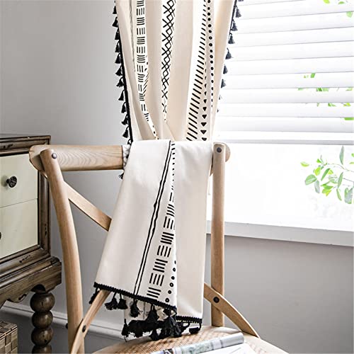 Deeprove Boho Curtains 96 Inches Long, White Cream Cotton and Linen Bohemian Print Black Tassel, Geometric Semi-Blackout Window Panel Farmhouse Drape for Living Room, Rod Pocket, 1 Panel, W59 x L96 - color: Cream & Black Boho, size: 59"W x 96"L (Pack of 1