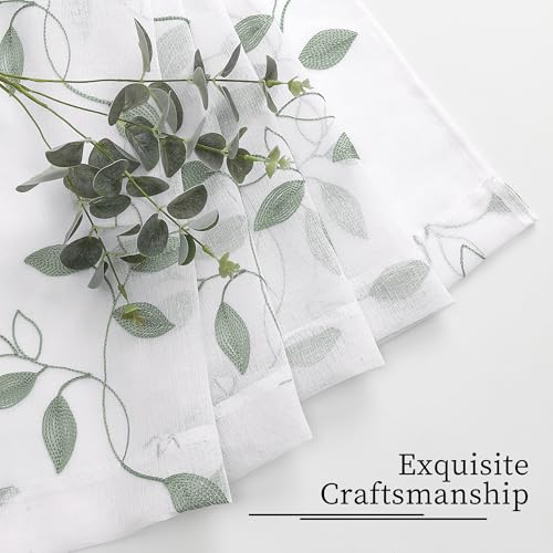 Tollpiz Sage Green Leaf Sheer Tier Curtains Leaves Embroidered Kitchen Short Curtain Rod Pocket Voile Bathroom Curtains for Cafe, 30 x 24 inches Long, Set of 2 Panels | Short Curtain Leaves Embroidered Rod Pocket Voile Bathroom Window Treatment for Cafe,