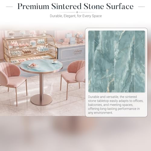 31.5'' Tulip Table, Round Dining Table with Glossy Sintered Stone Tabletop | Rose Gold Aluminum Alloy Edge & Pedestal, Small Bistro Table for Dining Room/Café/Small Spaces/Restaurant (Aqua Jade) - color: Aqua Jade (Rose Gold), size: Round