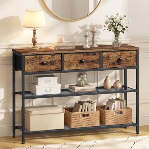 SONGMICS Console Table, Narrow Sofa Table with 2 Mesh Shelves | For Entryway, Living Room, 3 Fabric Drawers, Rustic Brown, BELLAH Collection ULGS098K101 - color: Rustic Brown, size: 11.8"D x 38.9"W x 31"H (3 Drawers)