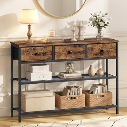 SONGMICS Console Table, Narrow Sofa Table with 2 Mesh Shelves | For Entryway, Living Room, 3 Fabric Drawers, Rustic Brown, BELLAH Collection ULGS098K101 - color: Rustic Brown, size: 11.8"D x 38.9"W x 31"H (3 Drawers)