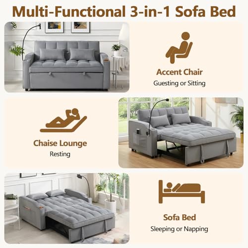 3 In 1 Velvet Convertible Sofa Bed, Pull Out Couch Bed with Reclining Backrest And 2 Pillows, 54" Full Size Loveseat Sleeper Sofa Futon Couch Bed, Couches For Small Spaces, Living Room (Light Gray) - color: Light Gray