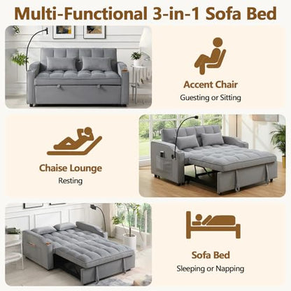 3 In 1 Velvet Convertible Sofa Bed, Pull Out Couch Bed with Reclining Backrest And 2 Pillows, 54" Full Size Loveseat Sleeper Sofa Futon Couch Bed, Couches For Small Spaces, Living Room (Light Gray) - color: Light Gray