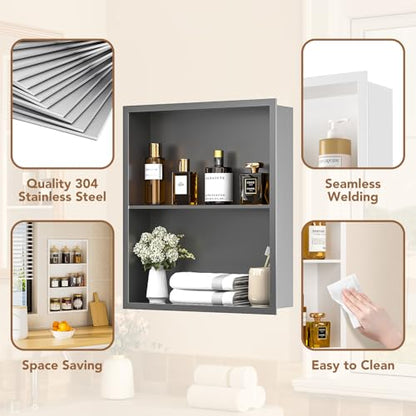 14x18 Recessed Medicine Cabinet, Bathroom Wall Cabinet, 304 Stainless Steel Recessed Wall Niche with 2-Tiers Shelves, Matte Gray - color: Matte Gray, size: 14'' x 18''