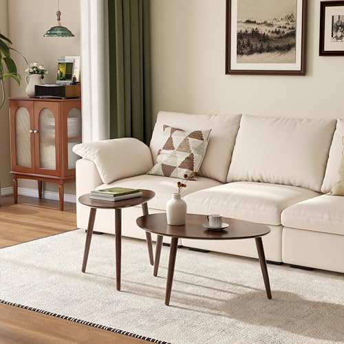 Small Oval Nesting Table, Mid Century Coffee Tables for Living Room,Solid Oak Wood Side Table,Triangle Tabletop with 3 Legs,Minimalist Display End Tables (Walnut Color, Combine) - color: Walnut Color, size: Tall-Large - 2 Pieces