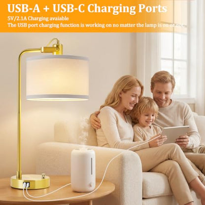 Gold Table Lamp Set of 2, USB A+C, 180° Adjustable Bedside Lamps, Dimmable | Bare Bulb Compatible, Industrial Nightstand Lamp with Linen Lampshade, LED Bulbs Included, Desk Lamp for Bedroom, Living Room - color: Gold-A