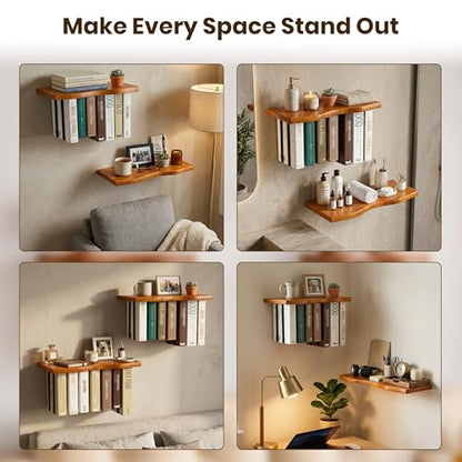 Pine Wood Floating Shelves for Wall, 2 Pack, 15.7 Inch, Dark Brown | Two live edge pine shelves with hidden brackets; each 15.7 inches long and supports books, photos or plants up to 66 lb. - color: Dark Brown