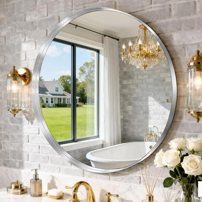 28-Inch Brushed Nickel Silver Wall Mounted Round Mirror, Glass Panel Circle Deep Set Design Stainless Steel Framed for Bathroom, Entryways, Living Rooms - size: 28"L x 28"W