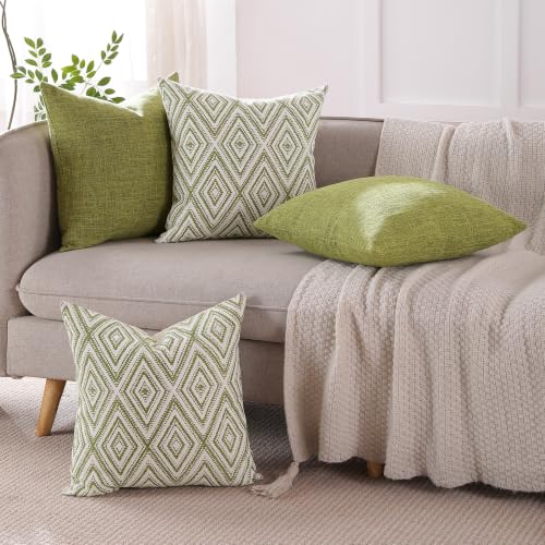 HPUK Throw Pillow Covers 20x20, 4 Pack, Green Textured Couch Pillow Covers | Polyester fabric, patterned and solid designs, hidden zippers, machine washable, for sofas and beds, inserts not included - color: Green, size: 20" x 20" (Pack of 4)