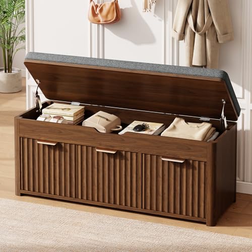 37.4" W Shoe Bench with Storage, Lift Top Entryway Bench, Walnut | 2-Tier Adjustable Shoe Rack with Cushioned Seat, Hidden Storage, Wooden End of Bed Bench for Bedroom, Living Room, Hallway - color: Walnut, size: 37.4"Wx14.2"Dx18.1"H