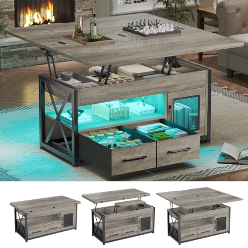 Itaar 40" Lift Top Coffee Table with Storage for Living Room, 4 in 1 Table | Grey LED Expandable Coffee Table with 2 Fabric Drawers & LED Light & Hidden Compartmen for Dining Living Room Table - color: Grey