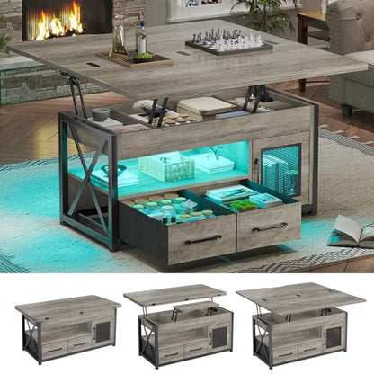 Itaar 40" Lift Top Coffee Table with Storage for Living Room, 4 in 1 Table | Grey LED Expandable Coffee Table with 2 Fabric Drawers & LED Light & Hidden Compartmen for Dining Living Room Table - color: Grey
