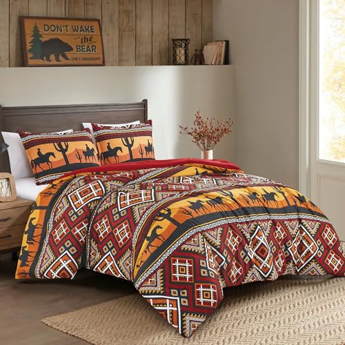 Chezmoi Collection Barrett 2-Piece Southwestern Sunset Cowboys Comforter Set - Multicolor Red Orange Black White Printed Washed Microfiber Bedding, Twin - color: Multi Rodeo Cowboy Sunset, size: Twin