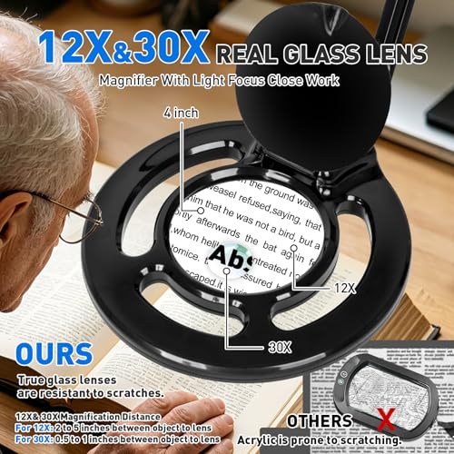 KIRKAS Magnifying Glass with Light, 2,200 Lumens Magnifying Lamp 12X 30X | 28in Adjustable Long Arm Knob Stepless Dimmable LED Lighted Magnifier Real Glass Lens for Repair Craft Sewing Workbench - color: Black 28in Magni-attach