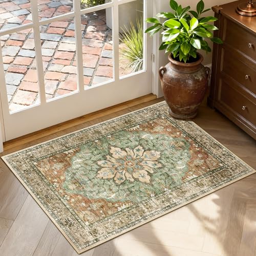 RELEANY Washable Vacuum-Friendly Area Rugs 2'x3' Brick/Brown/Green | Low Pile Stain-Resistant, Soft Non-Slip, Floral Vintage Distress Print Pattern Medallion, for Living Room Bedroom Hallway - color: Brick/Brown/Green, size: 2' x 3' (Rectangular)
