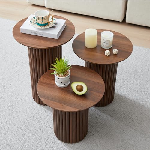 Bifins Walnut Round Nesting Coffee Table Set of 3 | Coffee and End Table Set,Fluted,Nesting Side Table,Drink Table,End Table,Plant Stand,Brown,Mid Century Modern,Nested - color: Walnut