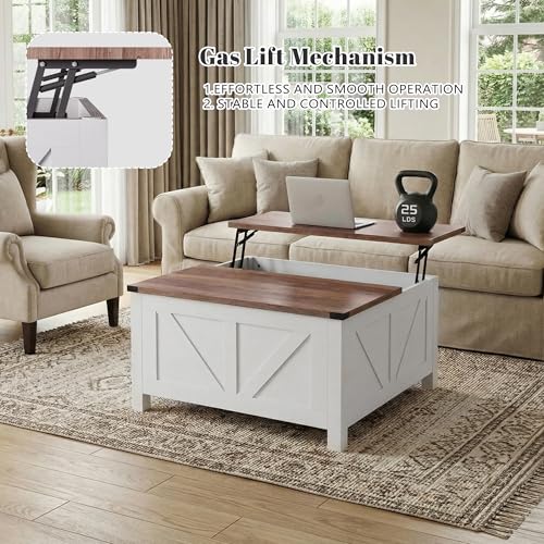 35” Farmhouse Coffee Table with Large Storage, Rustic Wood Lift Top Coffee Table for Living Room, Square Center Table with Charging Station&USB, Modern Port Pottery Barn Lift top Table - color: White