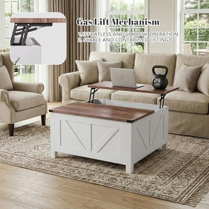 35” Farmhouse Coffee Table with Large Storage, Rustic Wood Lift Top Coffee Table for Living Room, Square Center Table with Charging Station&USB, Modern Port Pottery Barn Lift top Table - color: White