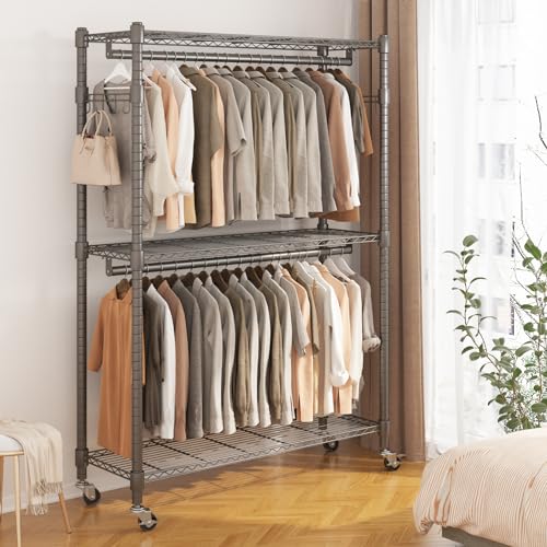 BATHWA Clothes Racks for Hanging Clothes, 25 mm tube Heavy Duty 47.3"W x 17.7"D x 80.7"H Large Wardrobe Rack with Shelves & Wheels Rolling Multifuctional for Bedroom Laundry Walk-in Closet Organizer - color: Grey, size: Upgraded & Large