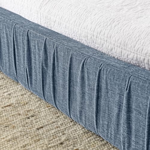 Queen Size Upholstered Bed Frame, Modern Grounded Bed with Solid Wood Slats, Pleated Headboard, Sturdy Construction, No Box Spring Needed, Grey (Blue, Queen) - color: Blue