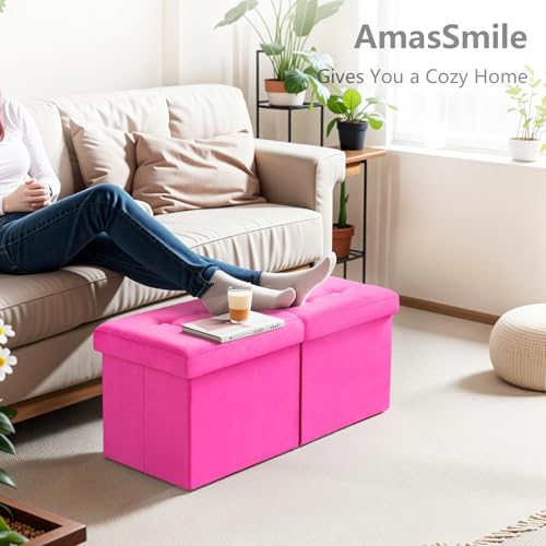 AmasSmile Footrest Ottoman Storage Bench,34" Velvet Folding Chest,Rose Red | Large Ottoman with Storage,Thicker Foam Padded Seat,Livingroom,Dorm,Bedroom,Entryway,Easy to install,34 x 13 x 13in - color: Rose-velvet