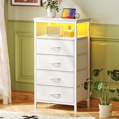 Huuger Night Stand with Charger Station and LED Lights, 4 Drawer Nightstand | Bed Side Table with Open ShelfEnd TableFabric Dresser for Bedroom, PU Leather, White - color: White, size: 11.8"D x 15.7"W x 33.9"H（4 Drawers）