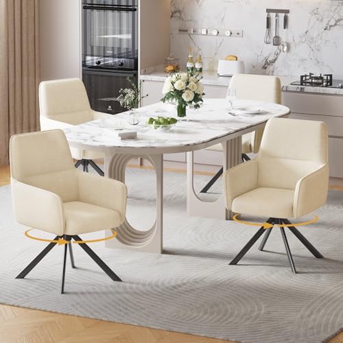 Modern Swivel Dining Chairs Set of 4, Upholstered Dining Room Chairs with Thicken Cushion, 360°Swivel Dining Chairs with Metal Legs for Dining Room, Kitchen, Bedroom, Chenille, Beige - color: Beige, size: Set of 4