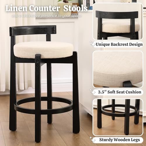 HEAH-YO Mid Century Modern Bar Stools Set of 2, 26.5" Counter Stools with Low Back, Linen Upholstered Barstools with Black Wood Legs Bar Chairs for Kitchen Island Dining Room, Beige - color: 26.5" Beige Linen Black Wood, size: Counter Height - Set of 2