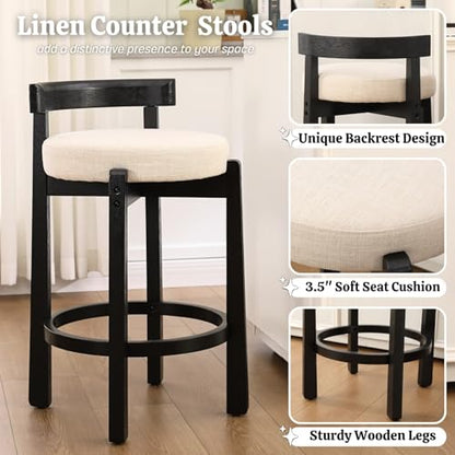 HEAH-YO Mid Century Modern Bar Stools Set of 2, 26.5" Counter Stools with Low Back, Linen Upholstered Barstools with Black Wood Legs Bar Chairs for Kitchen Island Dining Room, Beige - color: 26.5" Beige Linen Black Wood, size: Counter Height - Set of 2
