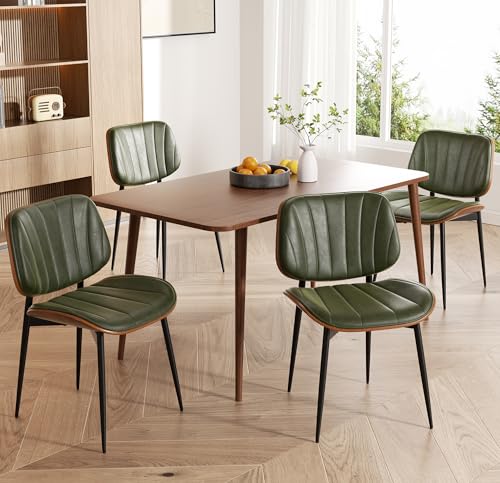 Dining Chairs Set of 4, Mid Century Modern Dining Room Chairs, Upholstered Faux Leather Kitchen Chairs with Walnut Bentwood Back and Metal Legs, Green - color: Green, size: Set of 4