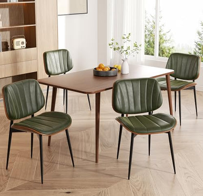 Dining Chairs Set of 4, Mid Century Modern Dining Room Chairs, Upholstered Faux Leather Kitchen Chairs with Walnut Bentwood Back and Metal Legs, Green - color: Green, size: Set of 4