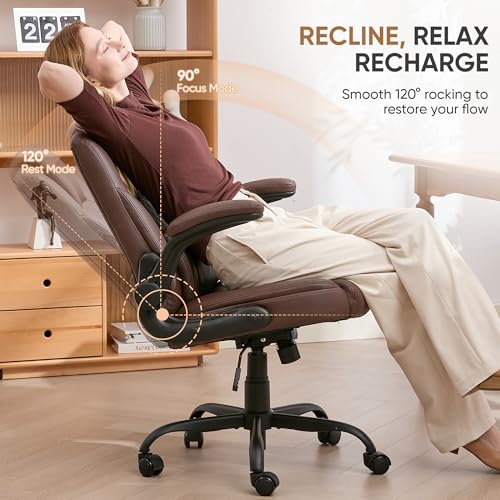 Home Office Chair with Lumbar Support, 5" Thickened Seat, Small PU Leather Rocking Desk Chair, Comfy Computer Chairs with Rolling Wheels & Adjustable Armrests for Adults, Brown - color: Brown