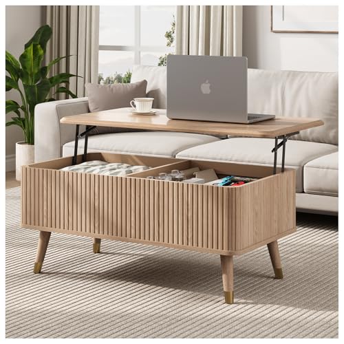 JOINICE 38" Lift Top Coffee Table with Storage for Living Room,Oak | Large Hidden Storage,Natural Boho Style,Fluted Rectangle Center Table with Wooden Legs,Lifts to 23",Holds 88lbs,Easy Assembly - color: Oak_rectangle