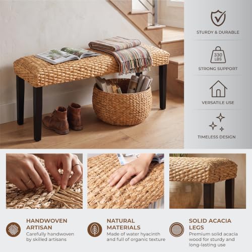 Solid Wood Acacia Indoor Bench, Water Hyacinth Seat, Black Leg, Plait Style | Natural Woven Seat, Boho Entryway, Farmhouse Modern Style, Multi-Room Use - color: Plait - Black Leg & Water Hyacinth