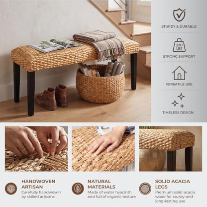 Solid Wood Acacia Indoor Bench, Water Hyacinth Seat, Black Leg, Plait Style | Natural Woven Seat, Boho Entryway, Farmhouse Modern Style, Multi-Room Use - color: Plait - Black Leg & Water Hyacinth