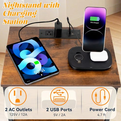Night Stand with Charging Station, Bedside Table with Adjustable Fabric Drawers, End Table with LED Lights, Side Table with USB Ports Open Shelf for Bedroom, Black - color: Black