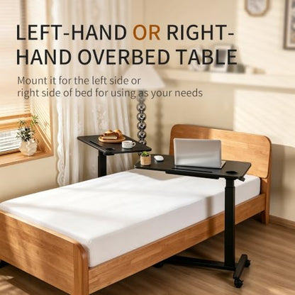 Adjustable Height Over Bed Desk with Drawer, Wheels, Slot, and Cup Holder | Portable Rolling Laptop Overbed Table, Pneumatic Hospital Bedside Tray with Storage, Laptop Standing Sofa Side Cart| Black - color: Black