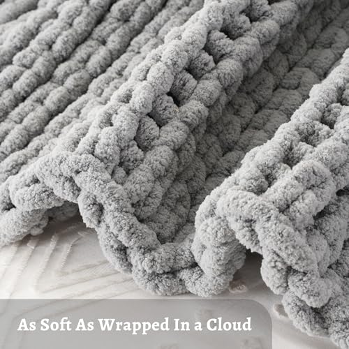 Chunky Knit Throw Blanket for Couch, Light Grey Throw Blanket 50"x60" | Knit Throw Blanket, Soft Thick Chunky Blanket, Hand Made Gray Knitted Throw Blanket for Bed Sofa Living Room - color: Light Grey