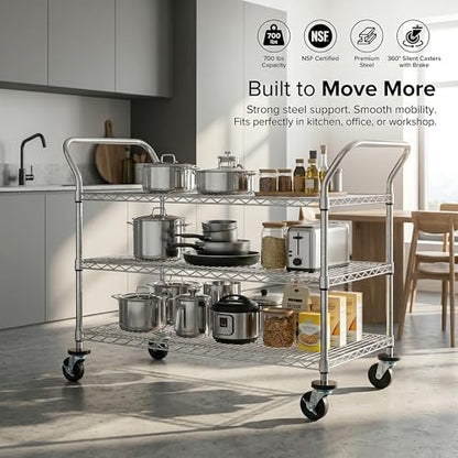 Finnhomy 3-Tier Commercial Grade Rolling Cart, Heavy Duty Utility Carts with Wheels and Handles, Kitchen Trolly on Wheels, Metal Serving Shelves with 700 lbs Capacity, Shelf Size 24" D x 48" W, NSF - size: 23.6"D x 55.1"W x 43.8"H
