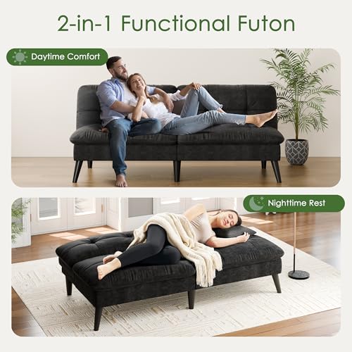 Vongrasig Futon Sofa Bed Velvet Futon Couch with Adjustable Backrest, Small Convertible Folding Sleeper Sofa Bed, Modern Loveseat for Living Room, Bedroom and Small Space, Black - color: Black