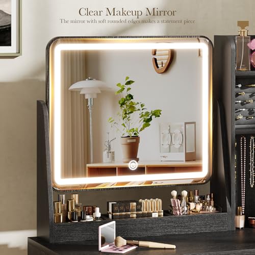 Fluted Makeup Vanity Desk with Mirror and Lights | Small Vanity with 3 Lighting Modes Adjustable Brightness, Jewelry Storage Cabinet and 2 Drawers, Black - color: Black