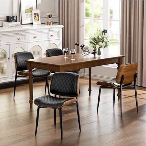 YaFiti Mid Century Upholstered PU Leather Dining Chairs Set of 2, Black | Ergonomic Walnut Backrest, Upholstered Waterproof PU Leather Seat, Stable Metal Legs, Adjustable Footpads, Apartment Friendly - color: Black Lozenge