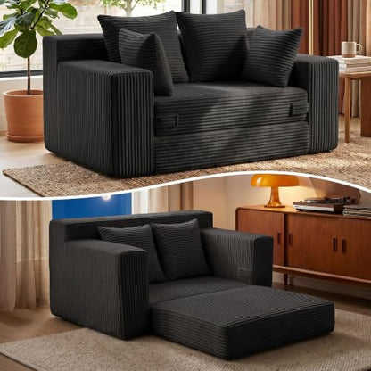 Boneless Mini Couch 53 Inch, 3-in-1 Black Boneless Couches Covertible Sofa Bed with 4 Pillows, Small Couches for Living Room, Bedroom, Small Space - color: Black, size: 53 Inch