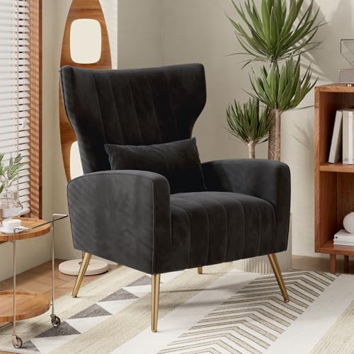 Nebuaegis Black Velvet Accent Chair Set of 4, Wingback Chair for Living Room, High Back Arm Chair with Golden Legs Lumbar Pillow, Upholstered Single Sofa Bedroom - color: Black, size: Set of 4